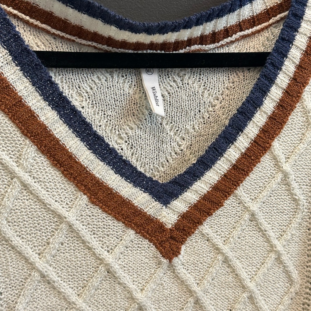 Wishlist | Preppy V-Neck Sweater with‎ Striped Trim | Cream, Blue, & Brown | M/L - Picture 2 of 7